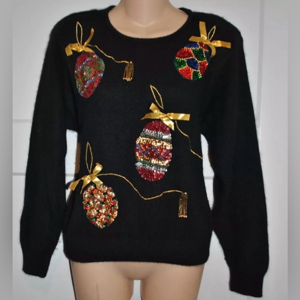 WORK IN PROGRESS by Gladys Bagley Christmas Sequin Silk Angora Sweater L VTG